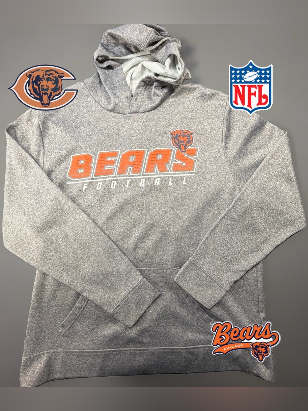 Chicago Bears Football Hoodie Mens XL Gray Orange Bear NFL Pullover Majestic Pro